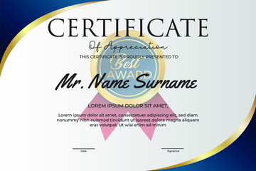 Obraz premium Creative Certificate of Appreciation Award Template. modern certificate with gold badge. Certificate border template with luxury and modern style vector illustration