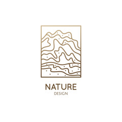Abstract mountain logo. Natrural minimalistic landscape icon with topographic structure. Vector pattern with wavy lines. Ornamental rectangular emblem. Geologic and mineral industry, travel
