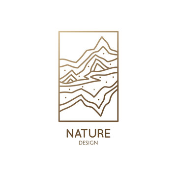 Abstract nature logo. Mountain landscape icon. Vector pattern of mountains with wavy lines structure. Rectangular emblem. Geologic and mineral industry, travel agency, hiking, sport goods
