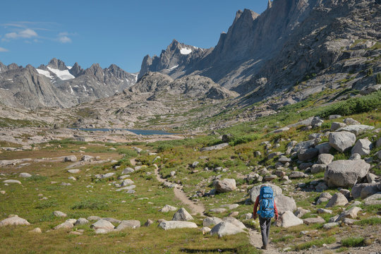 Adult male backpacker with blue backpack and red shirt on Titcomb Basin Trail. Bridger Wilderness. Wind River Range Wyoming; Adult male backpacker with blue backpack and red shirt on Titcomb Basin Trail. Bridger Wilderness. Wind River Range Wyoming. Wyoming. United States