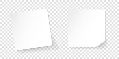 Two white paper reminder, white sticks, sticky notes, realistic vector illustration on isolated background with shadow
