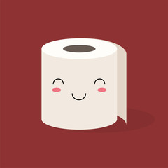 Cute kawaii Roll of white toilet paper with a smiling face on a colored background. Flat vector stock illustration