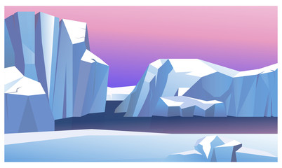 Ice mountain in water illustration. Northern lights behind icebergs. North pole illustration