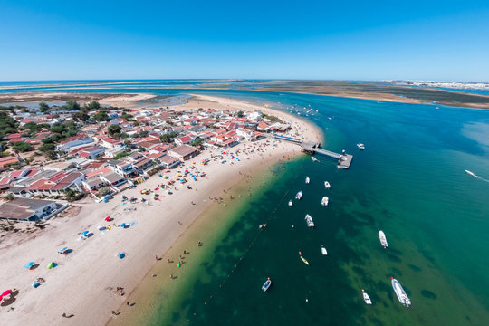 Aerial view of Armona Island, Ria Formosa, Algarve, Portugal.