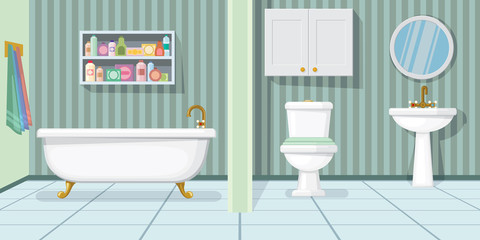 Naklejka na ściany i meble Fashionable bathroom illustration. Modern bathtub, toilet and sink in bathroom with stripped wallpaper. Interior illustration