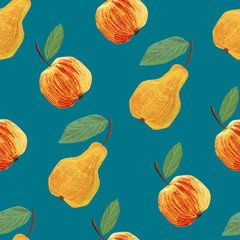 Seamless pattern with pears and apple on a blue-green background.