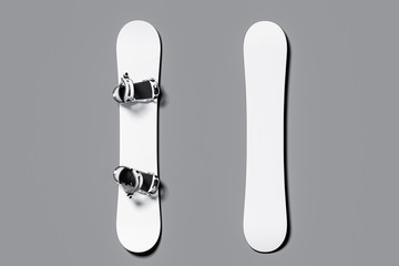 White Snowboard With Snowboard Boots Near White Snowboard With Copy Space And Empty Space. 3d Rendering. - obrazy, fototapety, plakaty