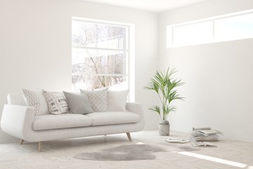 White living room with sofa and winter landscape in window. Scandinavian interior design. 3D illustration
