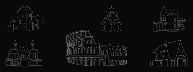 Architecture Outline Buildings Set  Italy . Colosseum Famous Symbol of Rome Italy. Vector icon for web and advertising isolated on black background. Element of culture and traditions.