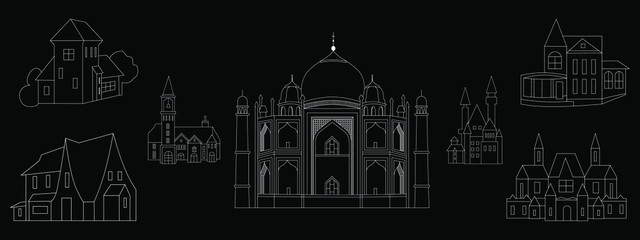 Architecture Set. The Taj Mahal is a mausoleum in Agra, Uttar Pradesh, India. Famous Architectural Monument. Simple Negative outline vector icon for web and advertising isolated on black.