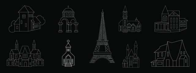 Architecture Building Set. Outline illustration of France vector icon for web and advertising isolated on black background. Element of culture and traditions.