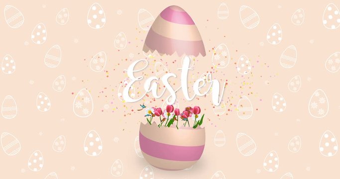 Animation of a colored egg with the inscription Easter flowers confetti and butterflies on a pink background 4k.
