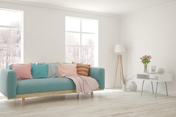 White living room with sofa and winter landscape in window. Scandinavian interior design. 3D illustration