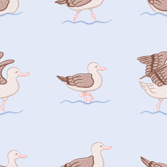 Cute seagulls seamless vector pattern. Doodle seaside birds illustration background. 