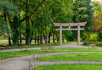 Sightseeing of Poland. Oliwa park - a picturesque Japanese-style city Park, Traditional japanese...