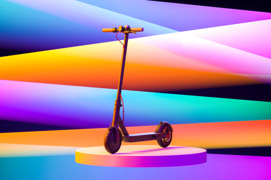 Electric Scooter On Multicolored Background And Pink Showcase. Eco Alternative Transport. 3d rendering. Minimalism