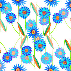 Watercolor blue flowers. Seamless pattern.