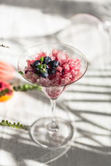 Crushed red ice in martini glass. Berry granita with mint and blueberries. Harsh light and shadows. Natural lighting. White background. Sunlight with large shadows. Minimalist food photography.