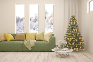 Winter new year interior of living room with sofa. Scandinavian design. 3D illustration
