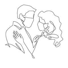 Continuous one line drawing of love in quarantine times. Couple hugs in protective medical masks vector illustration. Air pollution concept couple wearing protective face mask against smoke