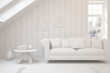 White minimalist living room with sofa. Scandinavian interior design. 3D illustration