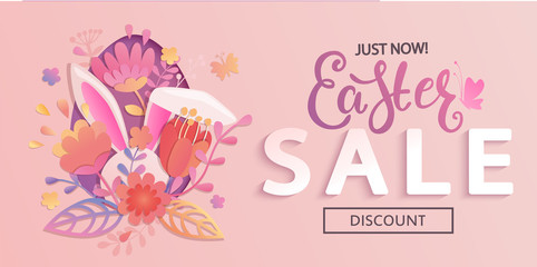 Just now Easter sale flyer, banner, card with papercut egg, beautiful flowers and rabbits ears. Big discounts on holidays. Poster, placard.Template for your design. Vector illustration.
