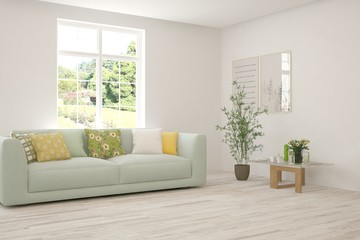 White living room with sofa and summer landscape in window. Scandinavian interior design. 3D illustration