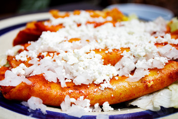 Enchiladas, platillo típico mexicano. Hecho con chiles guajillos y tortillas. Acompañado de cebolla, crema, queso, zanahorias, ppapas y lechuga