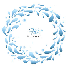 Fototapeta na wymiar Blue banner with school of fish. Silhouettes of fish swimming in a circle. Logo design. Vector illustration.