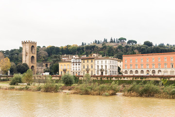 Beautiful Sights of Ponte Vecchio Bridge and Arno River in Florence, Italy.