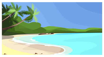 Fototapeta na wymiar Beach coastline with palms illustration. Vacation space at sea. Paradise illustration