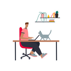 Person works home laptop flat vector illustration