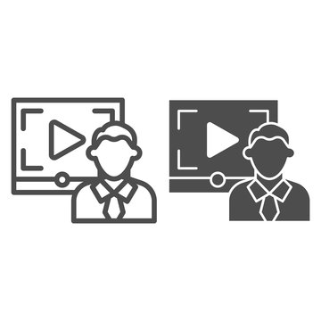 Video courses man line and solid icon. Online webinar lecturer and play button symbol, outline style pictogram on white background. Education sign for mobile concept and web design. Vector graphics.