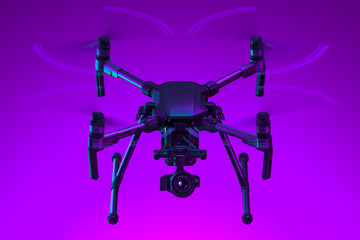 Realistic Drone Quadcopter With Camera Isolated On Bright Violet Background. Modern Videography. 3d rendering