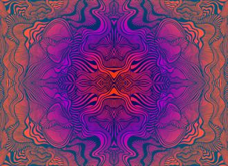 Bright psychedelic trippy fractal mandala, gradient orange pink violet blue color background. - obrazy, fototapety, plakaty