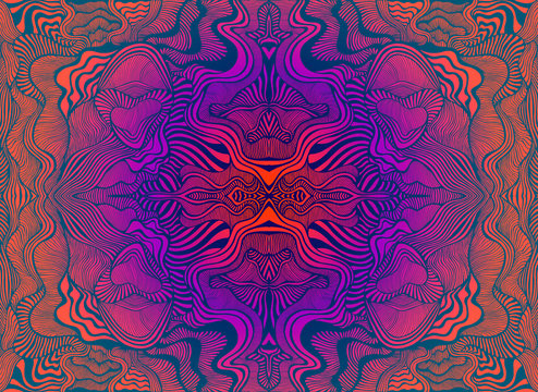 Bright psychedelic trippy fractal mandala, gradient orange pink violet blue color background.