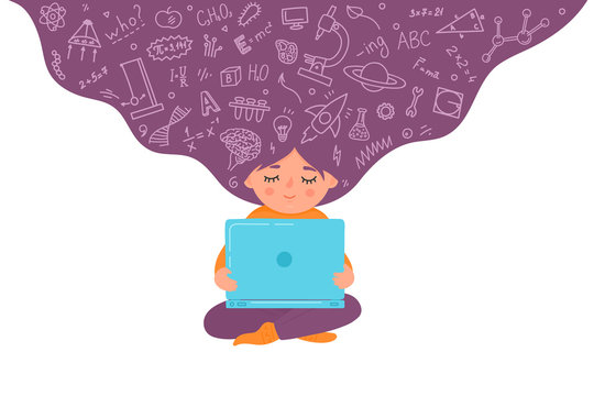 Online, distance children education. Girl working on laptop. Home schooling concept. Kid with educational doodle. Vector illustration.