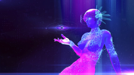 augmented reality, science, future technology and people concept - female cyborg robot in futuristic VR gear with virual charts projection ai neural networks digital ethics 3d render