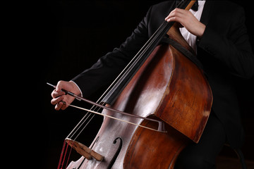Hands of a musician with a bow playing the double bass - obrazy, fototapety, plakaty