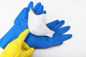 Means against the viral epidemic.Means of protection against the virus, coronavirus. Mask, rubber gloves.Disinfection in public places, the fight against the virus, coronavirus.