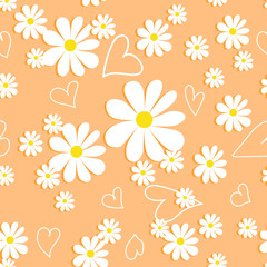 Vector romantic pattern background with daisies in a flat style. Seamless pattern of daisies on a colored background, children’s, print, textile, floral print