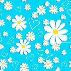 Fototapeta na wymiar Vector romantic pattern background with daisies in a flat style. Seamless pattern of daisies on a colored background, children’s, print, textile, floral print