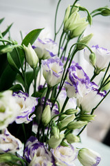 Beautiful bouquet of spring flowers in vase. Floral composition of fresh white violet eustoma flowers. Gift. Celebration concept. Blooming flowers.  