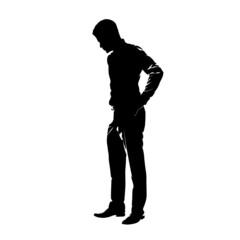 Sad businessman profile with hands on hips, crisis. Isolated vector silhouette, ink drawing. Side view