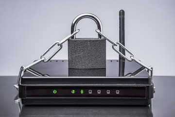 Router, chain and padlock. Password protected Wi Fi network - obrazy, fototapety, plakaty