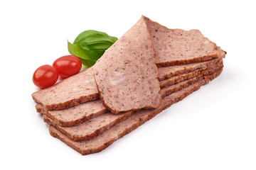 Tasty baked turkey meatloaf, isolated on white background