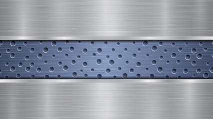 Background of blue perforated metallic surface with holes and two horizontal silver polished plates with a metal texture, glares and shiny edges