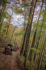 Traveling through the wooded trails in Tennessee a string of utv's cruise