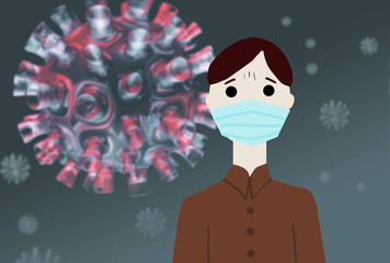 illustration of man in respiratory mask close up with coronavirus on black background