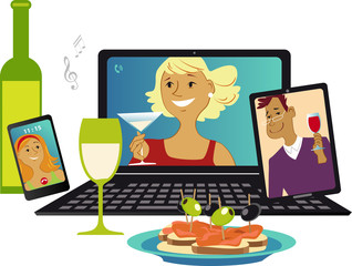 Online party with friends communicating via video chat from different gadgets, EPS 8 vector illustration